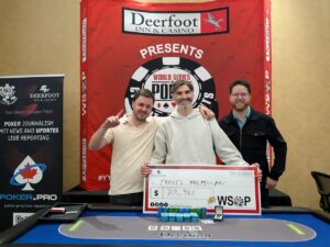 Travis MacMillan, with rail, after winning Main Event – 2025 WSOPC Calgary Oct – Event #12: $2,300 NLH Main Event
