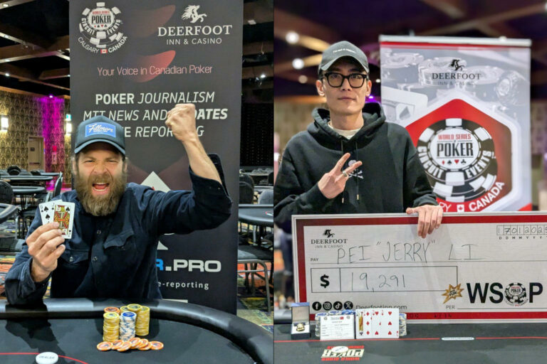 Juan Riedinger (L) winner of E16 & Jerry Li, big stack for Day 2 of the Main