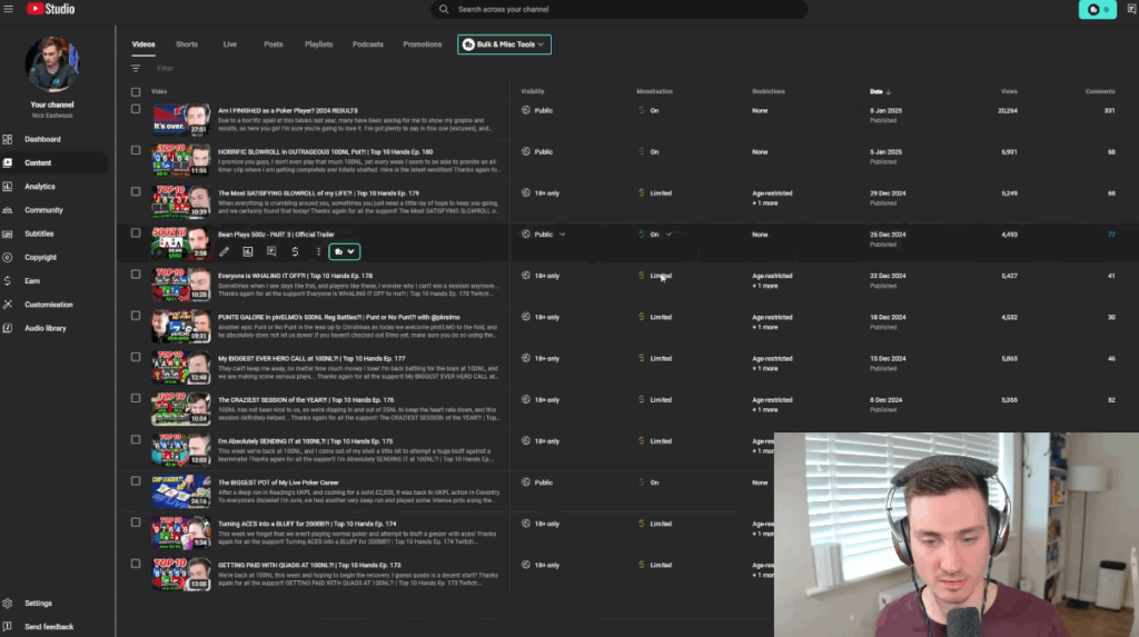 Nick Eastwood showing his videos are getting flagged