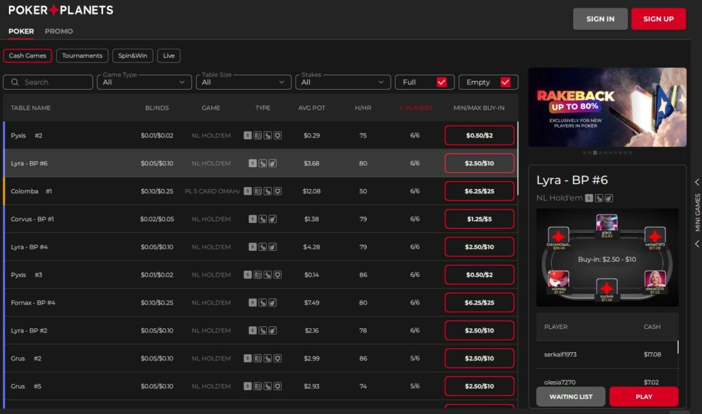 PokerPlanets Lobby