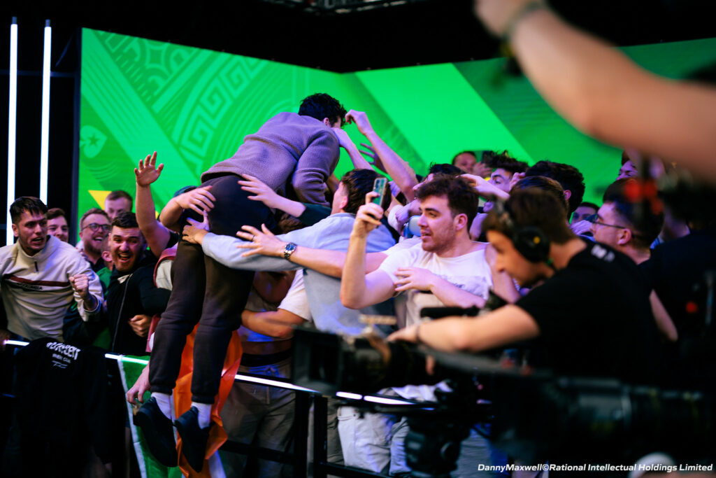 Simon Wilson, 2025 Irish Open Main Event Winner, celebrating with his rail. Credit: PokerStars Live